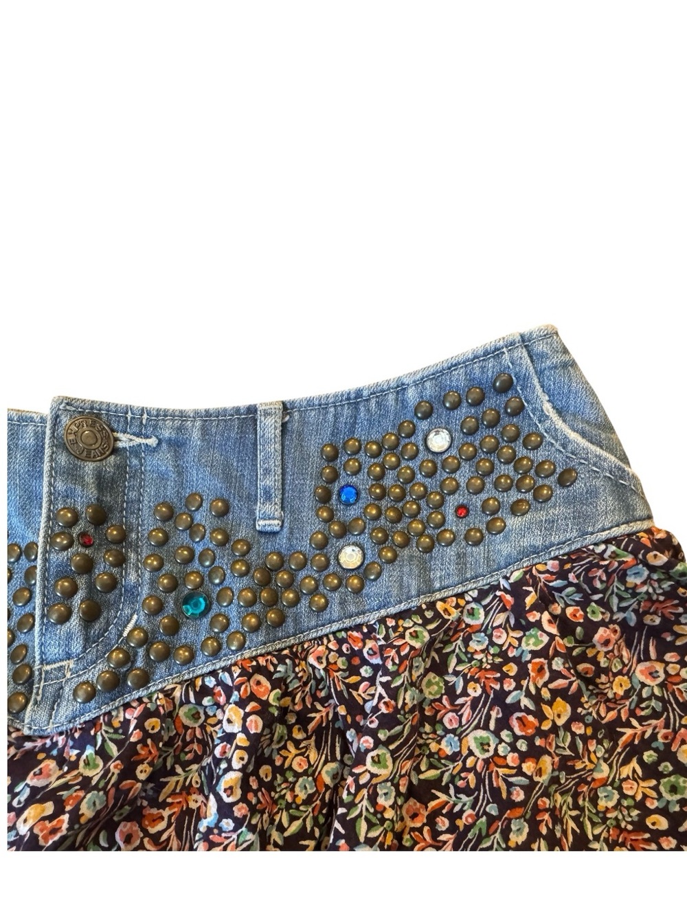 Y2K Express Denim & Floral Ruffle Micro Mini Skirt | Studs Gems Boho Festival - Picture 7 of 13